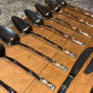 8 Stainless Oval/Soup Spoons & 4 Knifes Bamboo Pattern Glossy Korea KD Gourmet